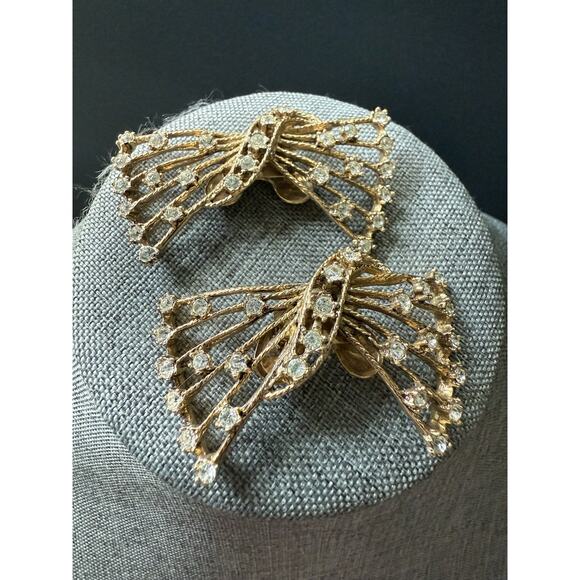 Musi Vtg Rhinestone Shoe Bow Clip Set Gold Tone Old Hollywood Cocktail Wedding - Picture 2 of 5